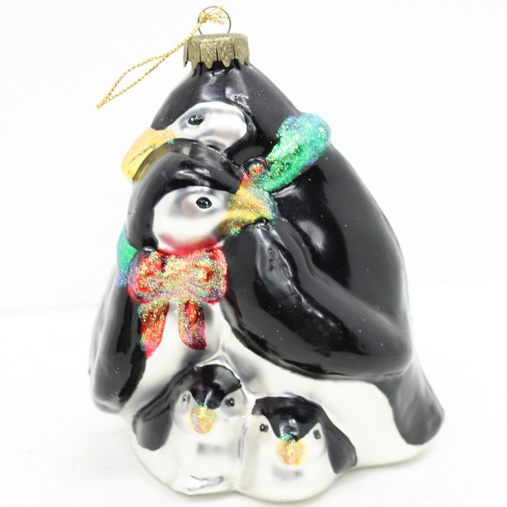 HTF Large Glass Penguin Family Christmas Ornament 5 1/4" X 4"